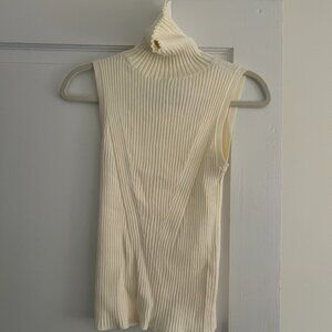 Cream Lands' End Fine Gauge Cotton Turtleneck Sleeveless Sweater